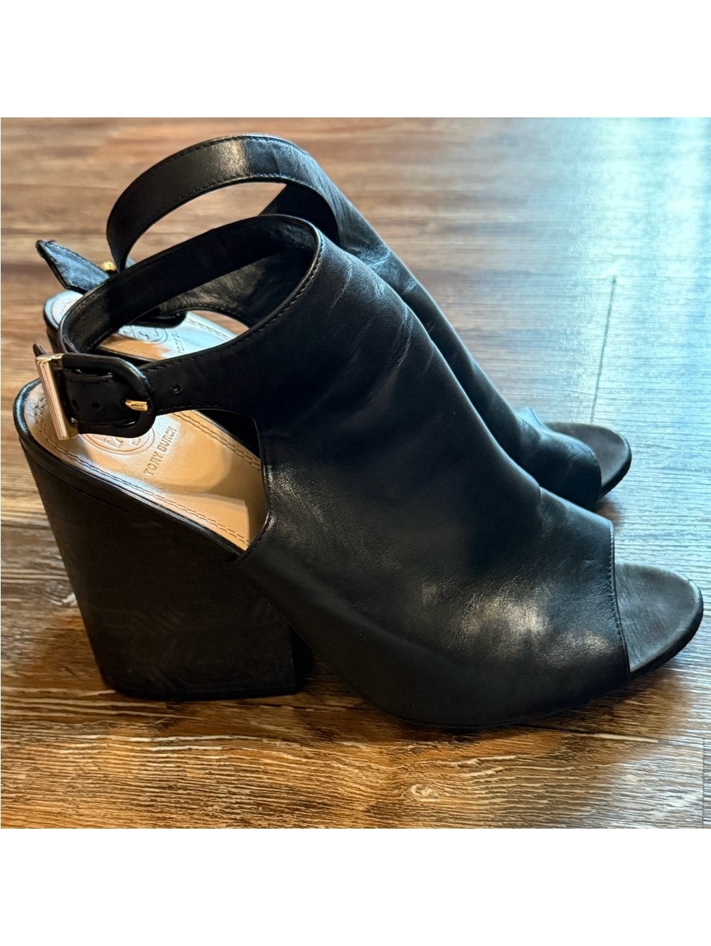 Tory Burch Black Leather Women's Heeled open toe wedge Sandal boots